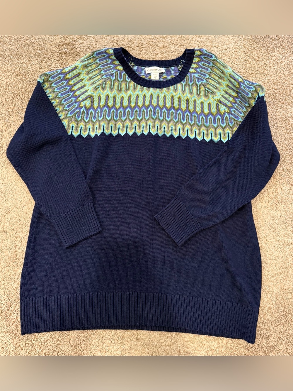 Coldwater Creek PXL Navy Fair Isle 100% Cotton Pullover Sweater